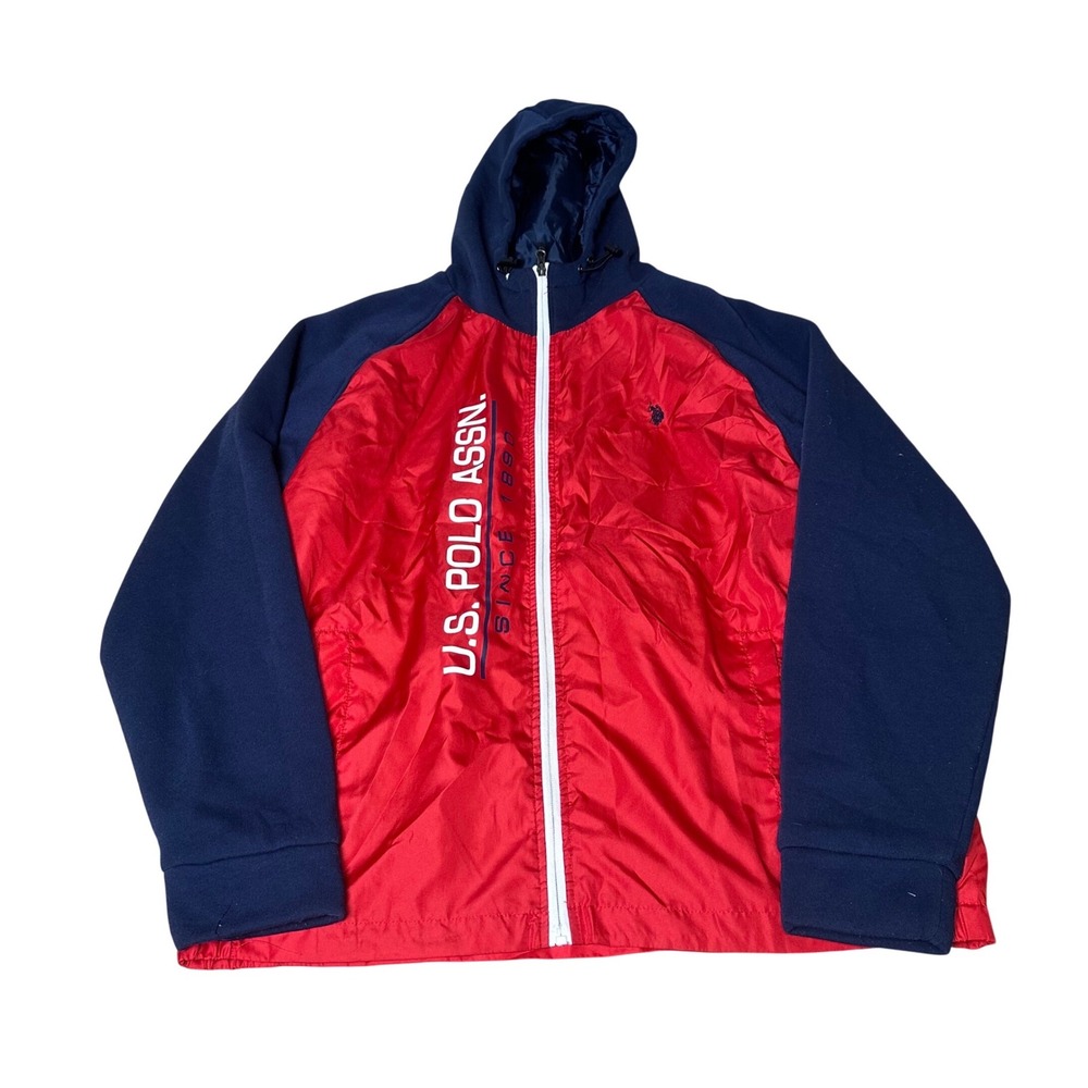 US Polo Assn Mens Large Windbreaker Jacket Red Navy Blue Colorblock Full Zip